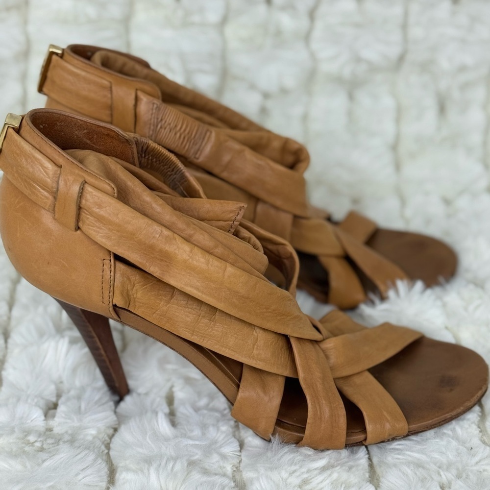Tory Burch Wrap Up Heel - Lounge-Baby Tan Leather Shoes Stiletto Heel Size 8M - Picture 12 of 13